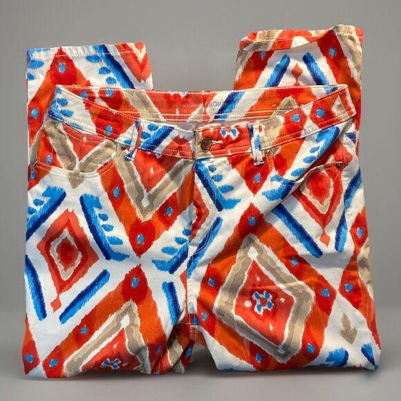Platinum By Chicos White & Orange Blue Stretch Tribal Crop Jeans Pants Size 1 - Picture 3 of 7
